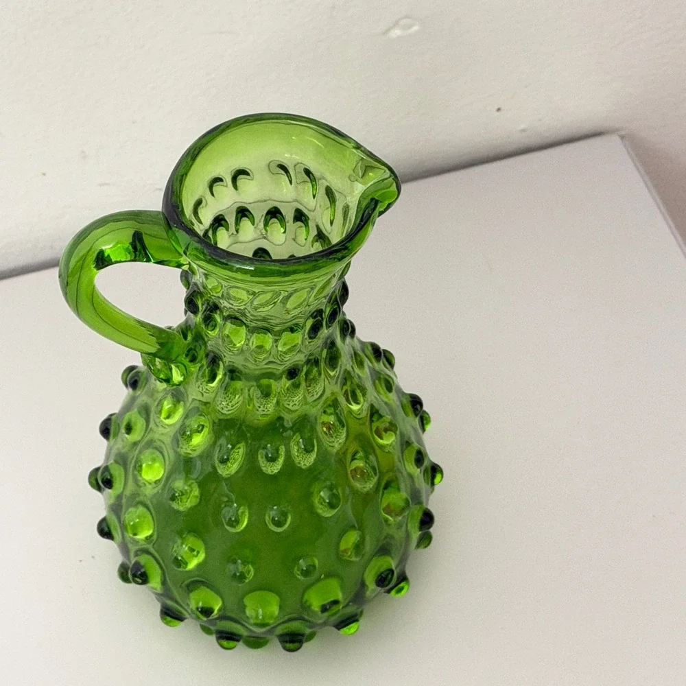Vintage Hobnail Glass Pitcher Green Small 6.5